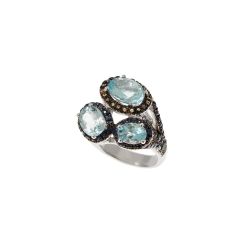 Anello Design 3 Ovali con Acquamarina Zaffiri Blu e Gialli con brunitura