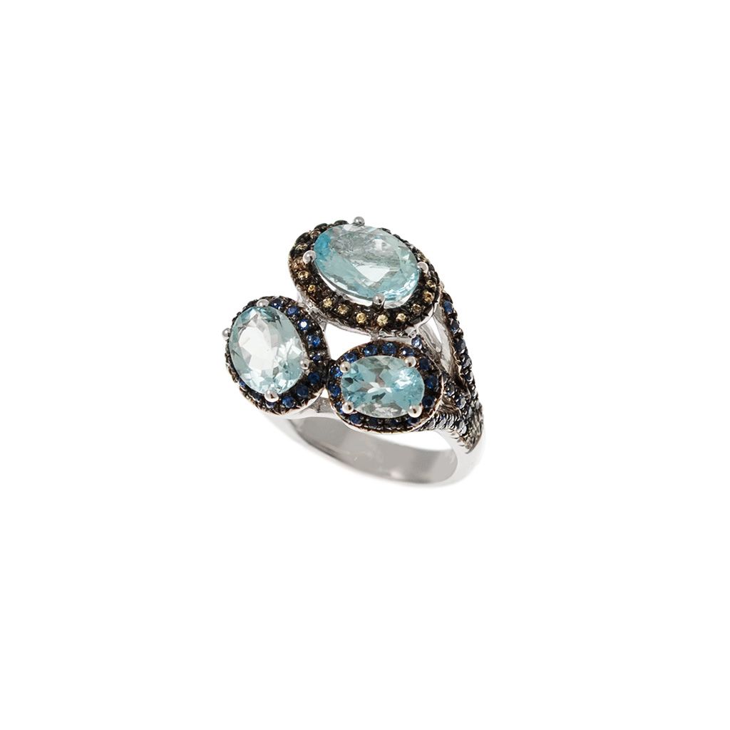3-Oval Design Ring with Aquamarine, Blue and Yellow Sapphires, with a burnished finish