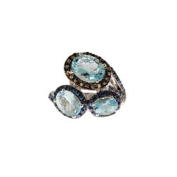 Anello Design 3 Ovali con Acquamarina Zaffiri Blu e Gialli con brunitura