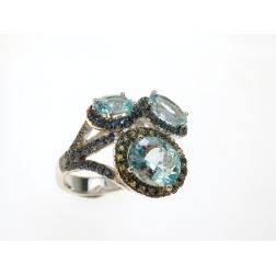 3-Oval Design Ring with Aquamarine, Blue and Yellow Sapphires, with a burnished finish
