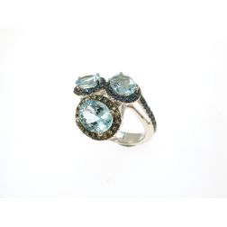 Anello Design 3 Ovali con Acquamarina Zaffiri Blu e Gialli con brunitura