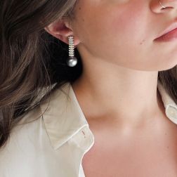 photo of worn Navette Clips Pendant Earrings with 54 Diamonds and Tahitian Pearls 13 mm