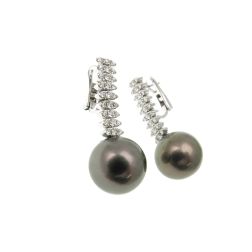 Orecchini Clips pendenti Navette con Diamanti e Perle Tahiti 13mm