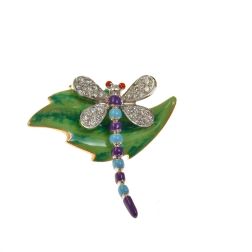 Ciondolo Libellula Celeste e Viola in oro su foglia in bronzo