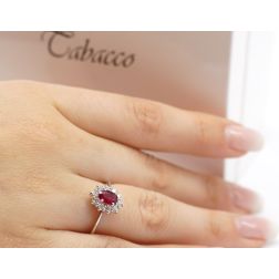 Photo of worn Kate ring with 6x4mm Ruby and 10 Diamonds