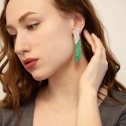 Photo of worn ‘Cascade of Light’ Earrings with Diamonds and Emeralds