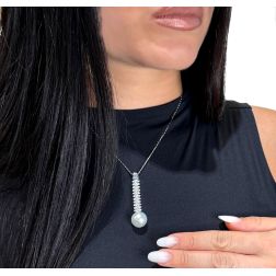 Photo of worn Navette pendant with Akoya pearl
