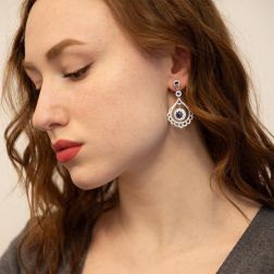 Photo of worn Chandelier Earrings with Diamonds and Blue Sapphire