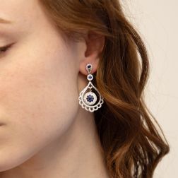 Photo of worn Chandelier Earrings with Diamonds and Blue Sapphire
