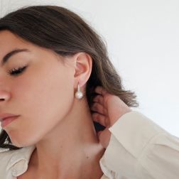 Photo of worn Monachella Earrings with 12mm Pearls and Diamonds