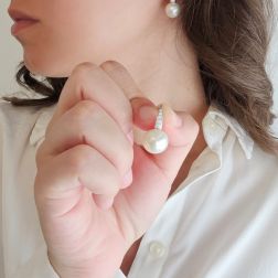 Photo of worn Monachella Earrings with 12mm Pearls and Diamonds