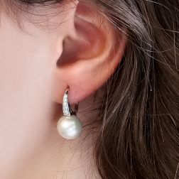 Photo of worn Monachella Earrings with 12mm Pearls and Diamonds