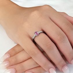 Oval Rose Sapphire Solitaire Ring with 8 Diamonds in White Gold