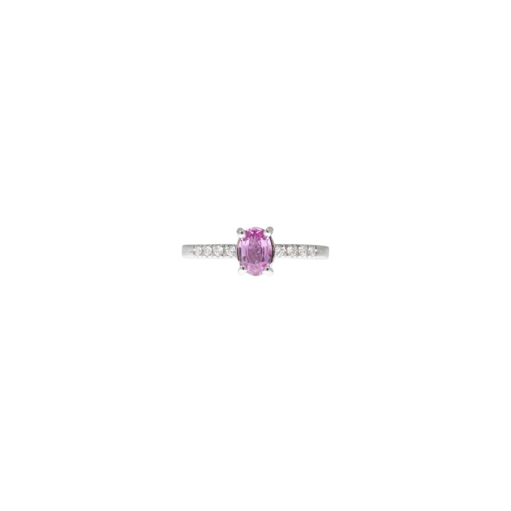 Oval Rose Sapphire Solitaire Ring with 8 Diamonds in White Gold