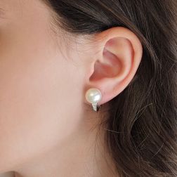 Photo of worn Earrings with 11–11.50 mm Australian Pearls and Diamonds