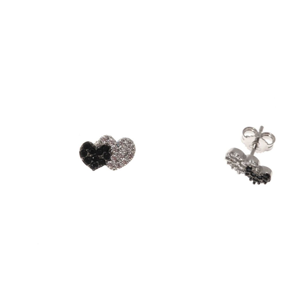 Double heart shaped earrings black and white zircons on white gold