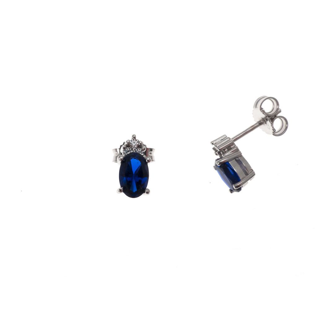 Orecchini blu ovali e 3 zirconi in Oro Bianco