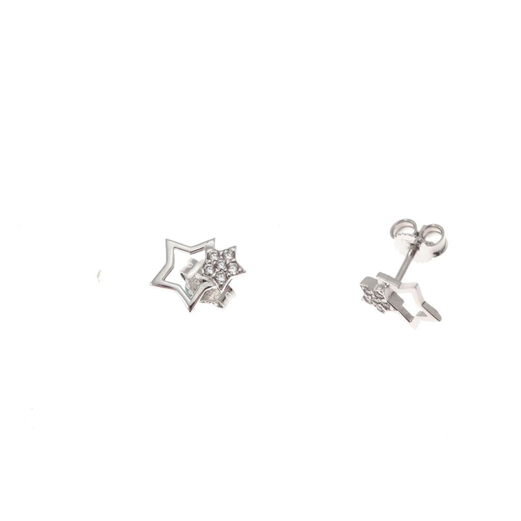 Double star shaped earrings zircons and white gold