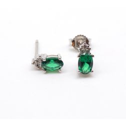 Green oval earrings and 3 zircons in White Gold