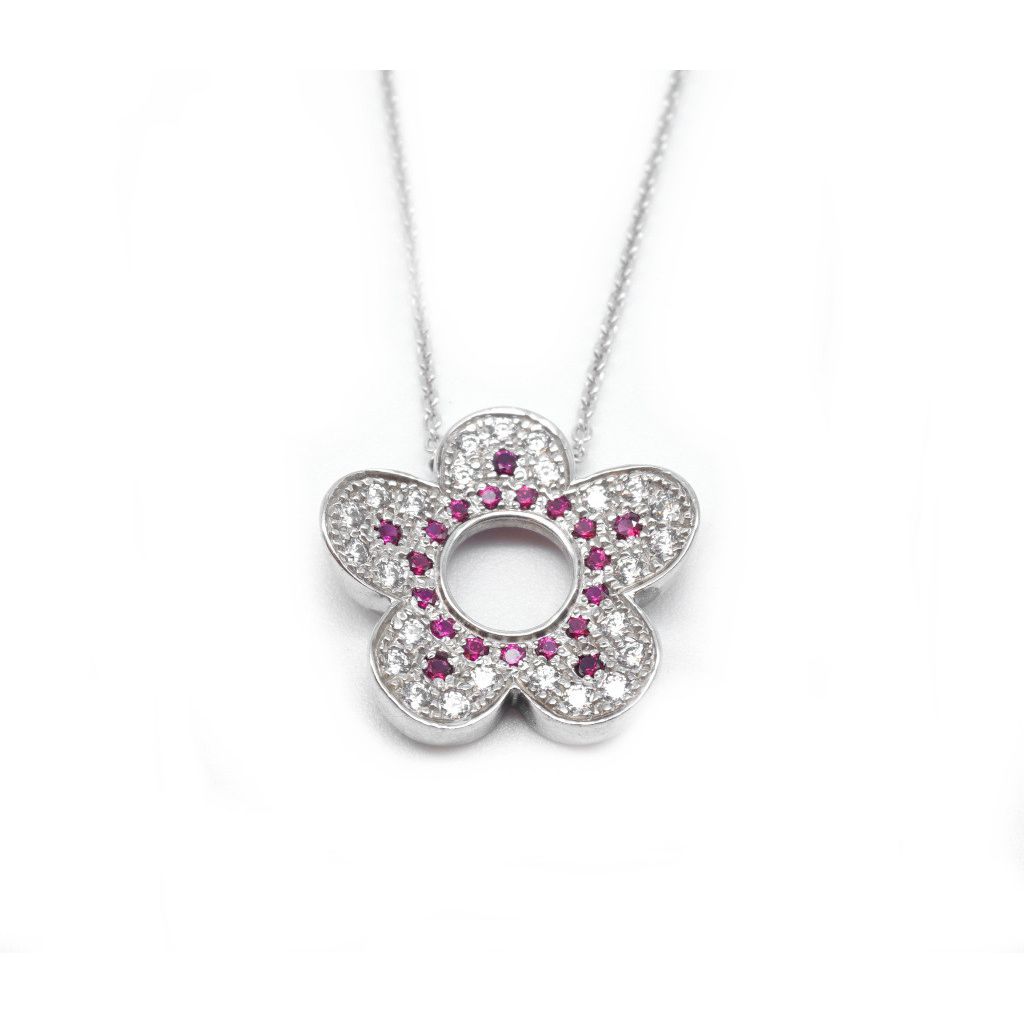 Flower Neckace with White and Red Zircons