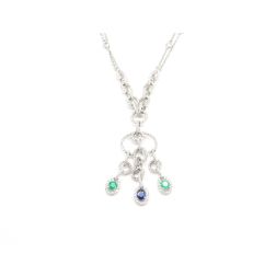 Oval Necklace with Emerald Diamonds and Blue Sapphire