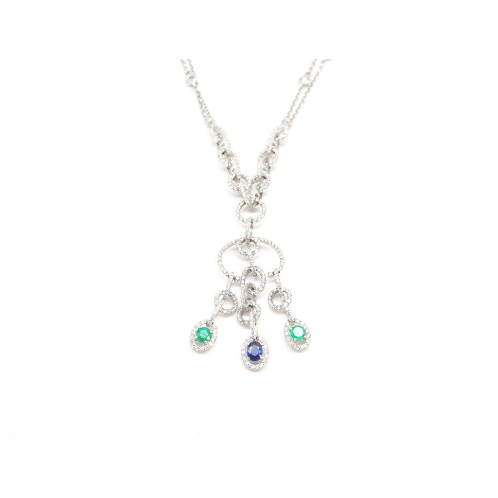 Oval Necklace with Emerald Diamonds and Blue Sapphire
