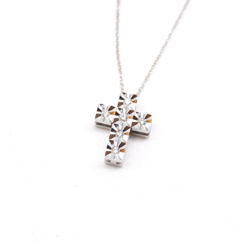 Faceted Cross Necklace with 6 Diamonds - Rolò chain