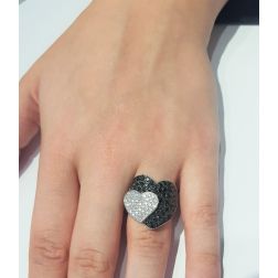 Photo of worn Double Heart ring with Black and White Diamonds in White 18kt gold