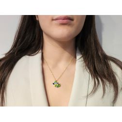 Blue and Yellow Butterfly on leaf Pendant photo of worn