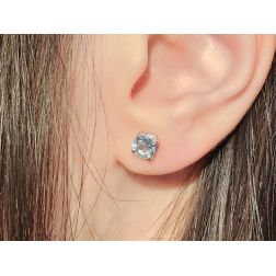 Photo of worn Solitary Studs earrings with round 5mm acquamarines in 18kt white gold