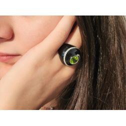 Photo of worn Black Dome Ring Green Peridot White Gold and Diamonds