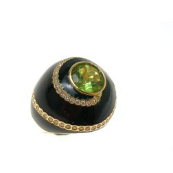 Black Dome Ring Green Peridot Yellow Gold and Diamonds