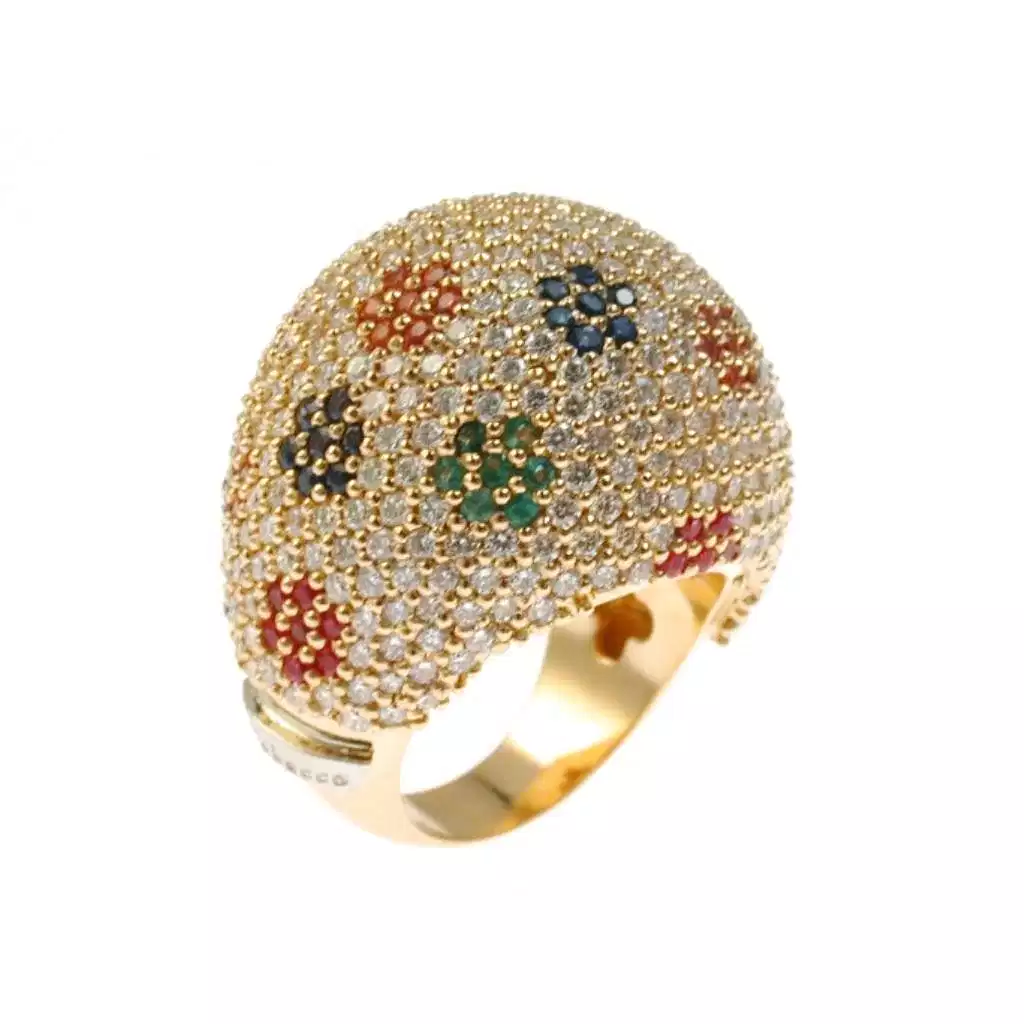 Anello Cupola Diamanti con fiori in rubini zaffiri e smeraldi