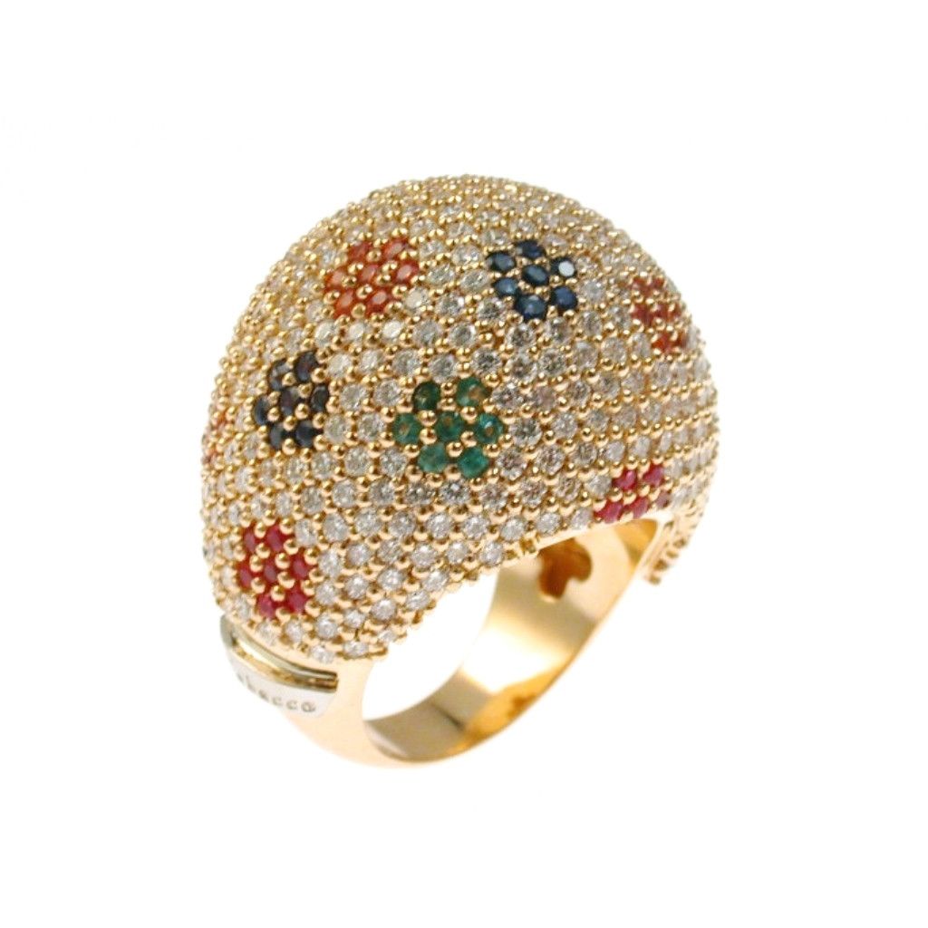 Diamond Dome Ring with Ruby, Sapphire and Emerald flowers