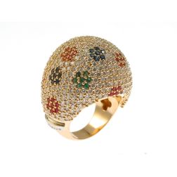Diamond Dome Ring with Ruby, Sapphire and Emerald flowers