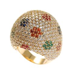Diamond Dome Ring with Ruby, Sapphire and Emerald flowers
