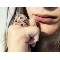 Photo of worn Diamond Dome Ring with Ruby, Sapphire and Emerald flowers