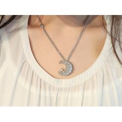 Photo of worn Moon and Star Necklace with Diamonds