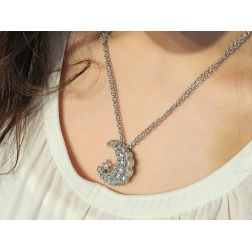 Photo of worn Moon and Star Necklace with Diamonds
