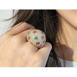 Photo of worn Diamond Dome Ring with Ruby, Sapphire and Emerald flowers