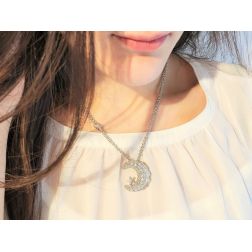 Photo of worn Moon and Star Necklace with Diamonds