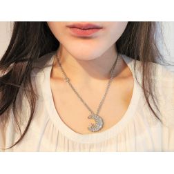 Photo of worn Moon and Star Necklace with Diamonds