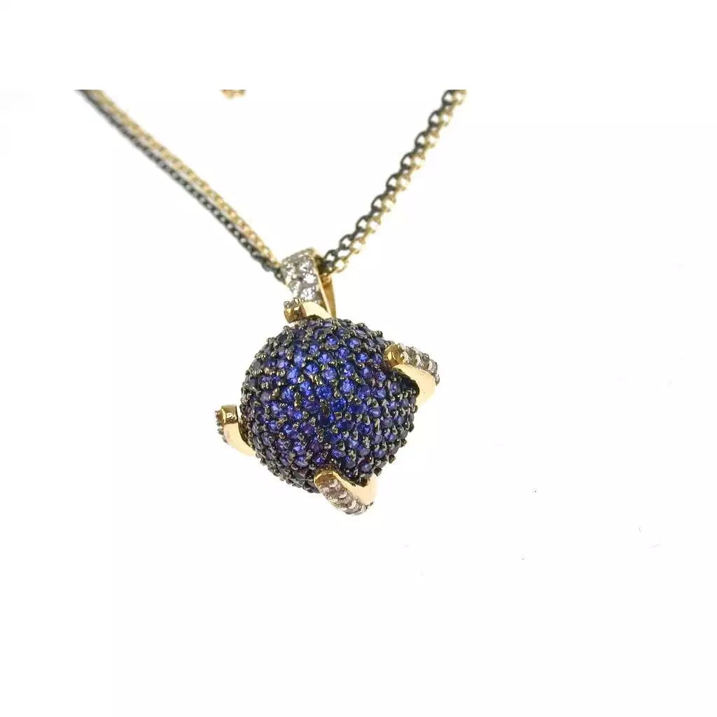 Sphere pendant Necklace with blue and white cubic zirconia