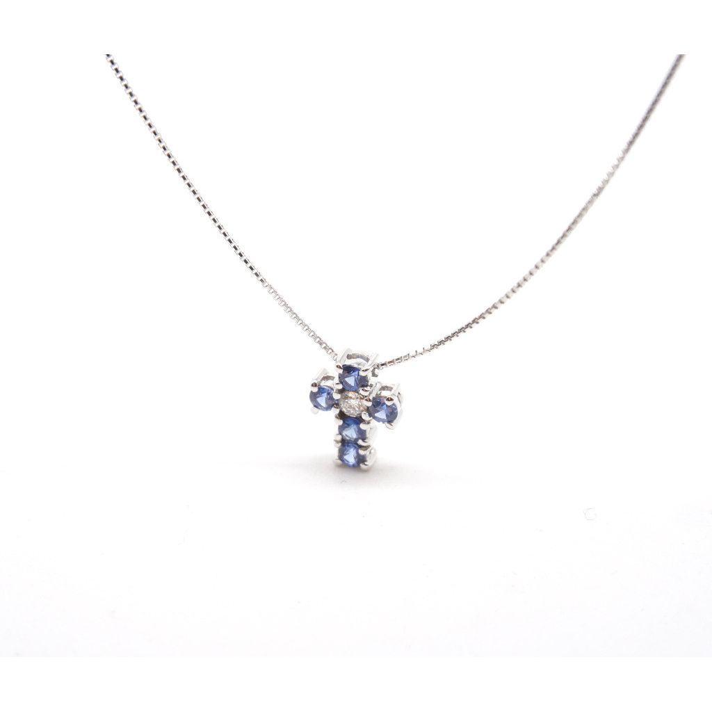 Blue sapphire cross necklace - Width 8.3mm