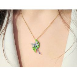 Purple and light-blue Dragonfly on a bronze leaf Pendant photo of worn
