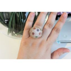 Photo of worn Diamond Dome Ring with Ruby, Sapphire and Emerald flowers