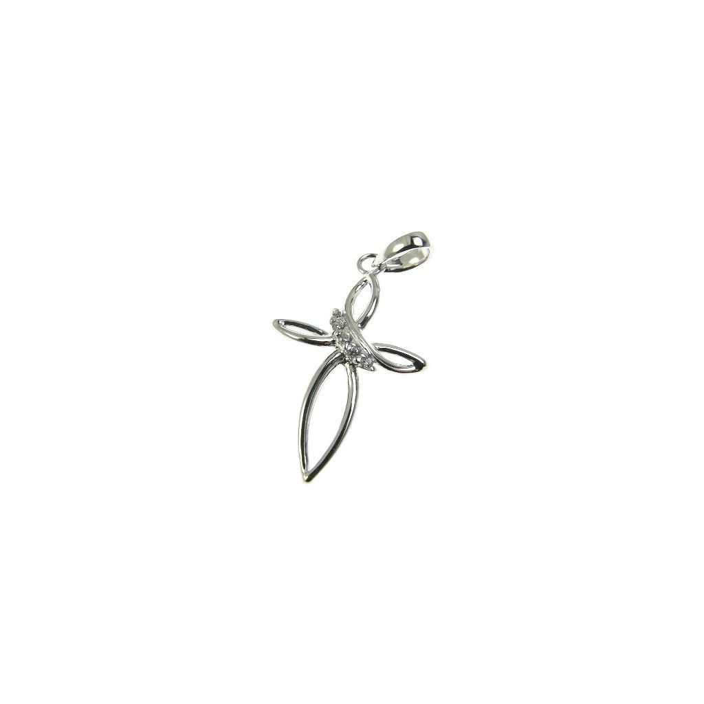 Stylized cross pendent with zircons in white gold