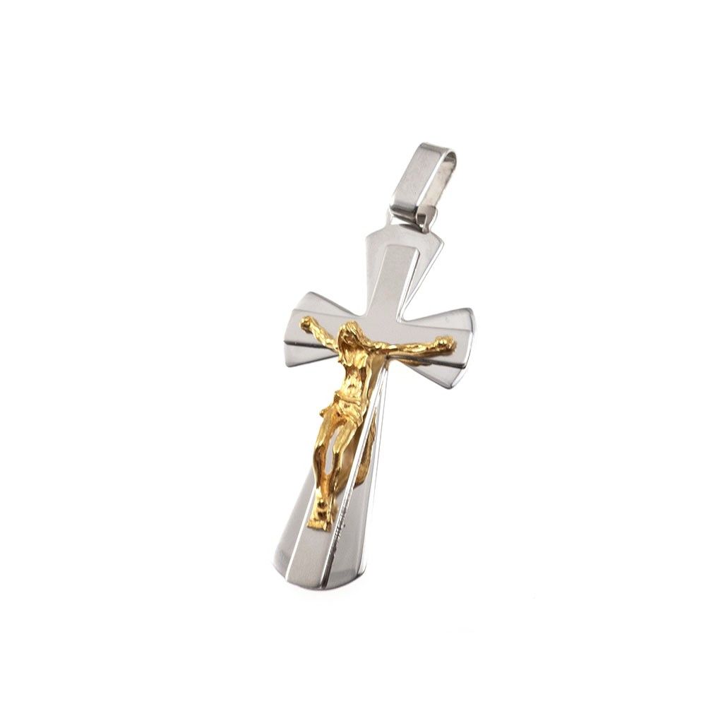 Ciondolo Croce satinata oro bianco con Cristo in oro giallo