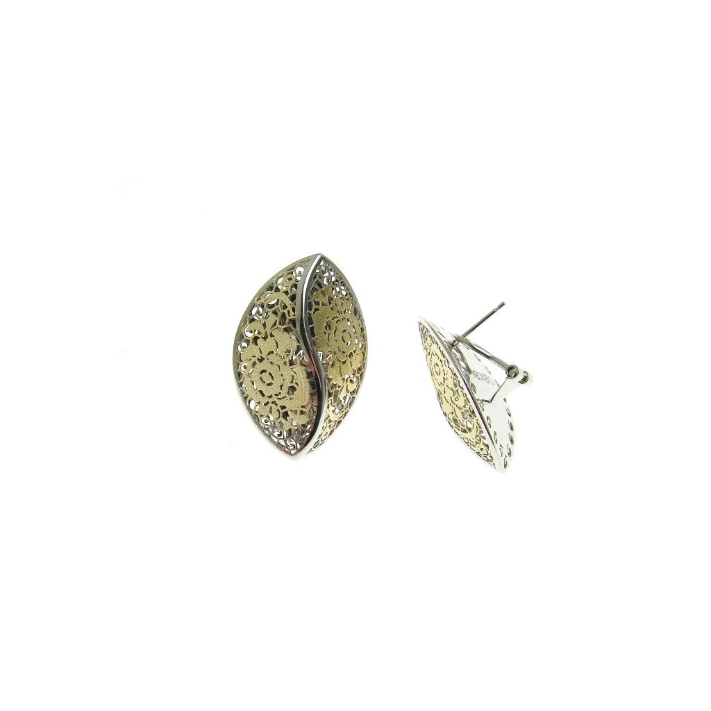 Yellow and white gold holed almond shape earrings