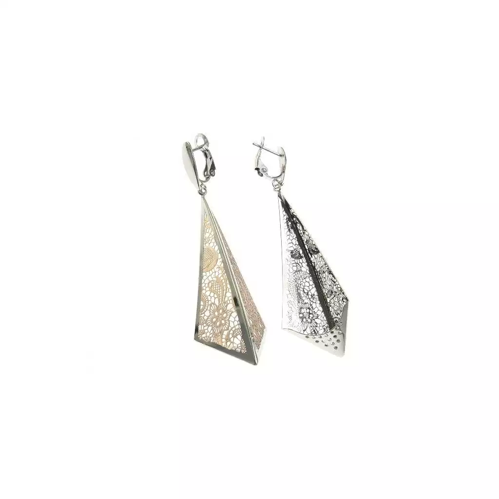 Orecchini Prisma triangolare traforati oro bianco e rosa